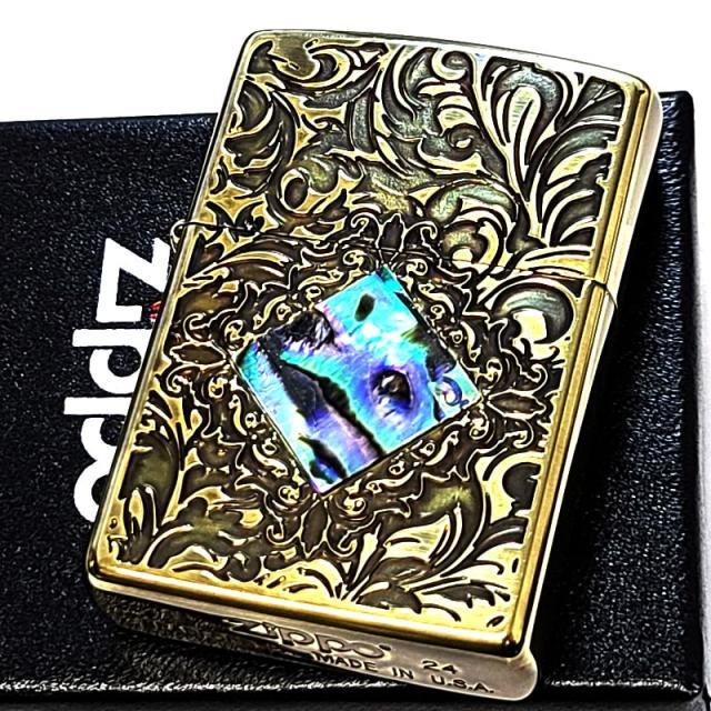 ZIPPO ライター ユーズドフィニッシュ 天然貝象嵌 ジッポ 両面加工 ブラス 彫刻 シェルインレイ アンティーク ゴールド レトロ＆モダン かっこいい アラベスク 渋い メンズ ギフト