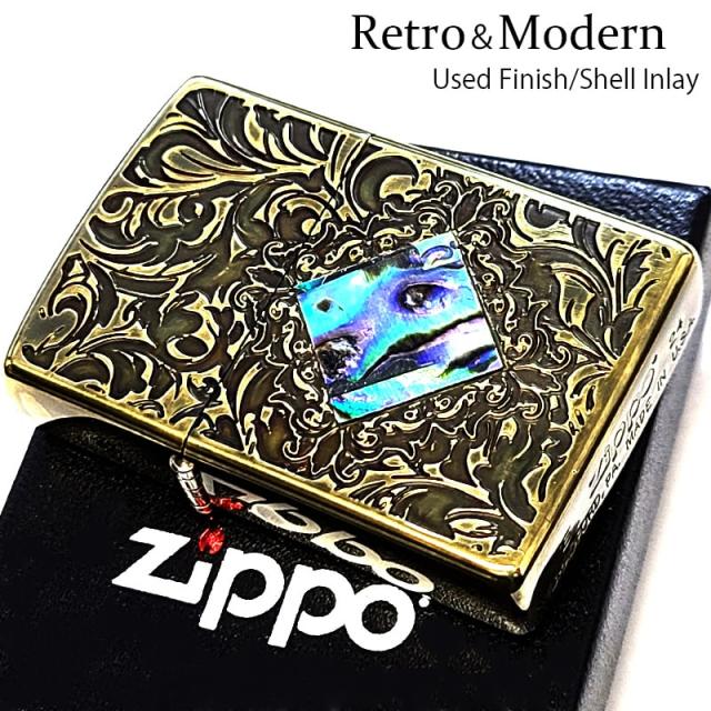 ZIPPO ライター ユーズドフィニッシュ 天然貝象嵌 ジッポ 両面加工 ブラス 彫刻 シェルインレイ アンティーク ゴールド レトロ＆モダン かっこいい アラベスク 渋い メンズ ギフト_1