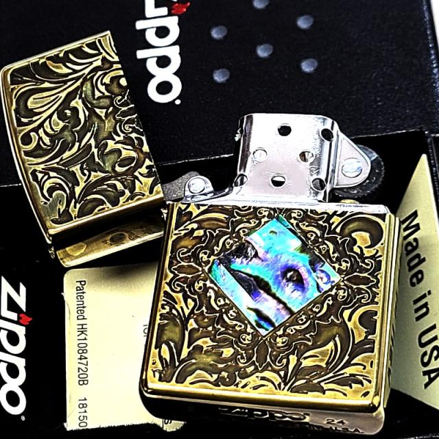 ZIPPO ライター ユーズドフィニッシュ 天然貝象嵌 ジッポ 両面加工 ブラス 彫刻 シェルインレイ アンティーク ゴールド レトロ＆モダン かっこいい アラベスク 渋い メンズ ギフト_3
