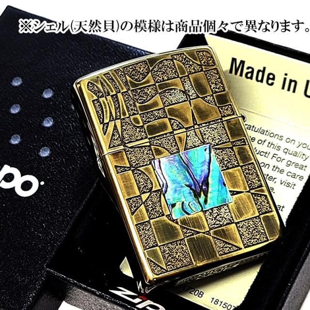 ZIPPO ライター ユーズドフィニッシュ 天然貝象嵌 ジッポ 両面加工 ブラス 彫刻 シェルインレイ アンティーク ゴールド レトロ＆モダン かっこいい アラベスク 渋い メンズ ギフト_4