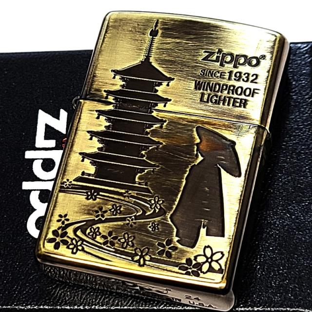 ZIPPO 和柄 五重塔 ユーズド加工 ジッポ ライター 日本 ブラス 芸者 舞妓 ユーズドフィニッシュ 彫刻 和風 アンティークゴールド 渋い メンズ おしゃれ ギフト プレゼント 動画あり