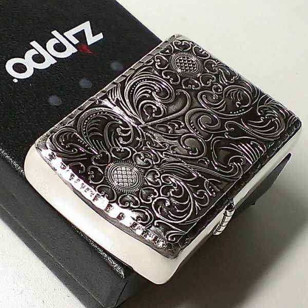 ZIPPO アーマー ジッポ ライター 銀古美 フローラルアラベスク 重厚モデル 両面彫刻加工 シルバー かっこいい メンズ レディース ギフト