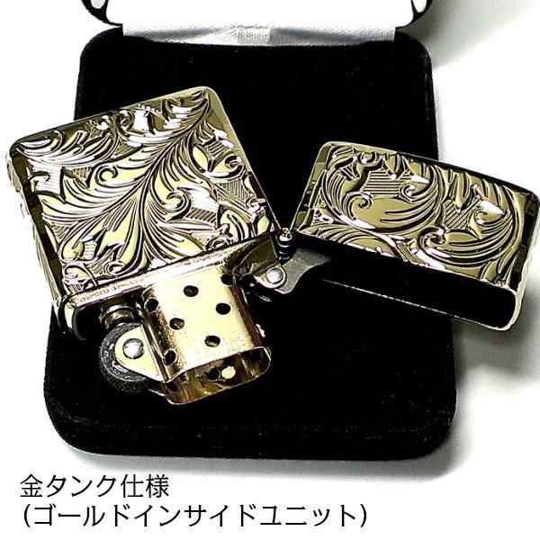 ZIPPO アーマー ジッポ ライター ５面立体彫刻 唐草 リーフ ゴールド チタン加工 金タンク 深彫り かっこいい 重厚 高級 メンズ