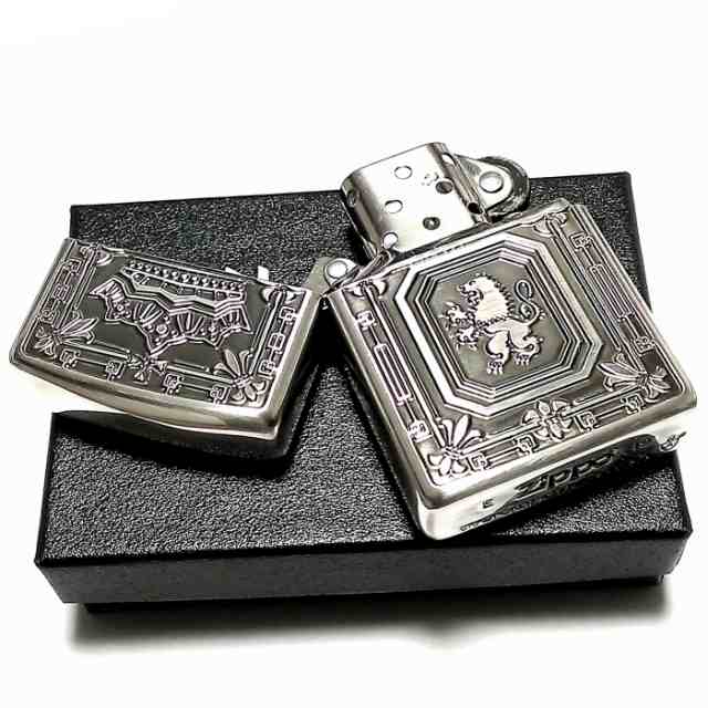 ZIPPO アーマーライオン ジッポ ライター 深彫 両面加工 重厚モデル 王冠 かっこいい 紋章 銀イブシ シルバー クラウン おしゃれ メンズ