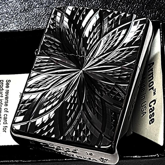ZIPPO アーマー ジッポ ライター ブラックニッケル ダイヤカット彫刻 ダイヤモンドフラワー 両面加工 黒 重厚 深彫り かっこいい おしゃれ_1