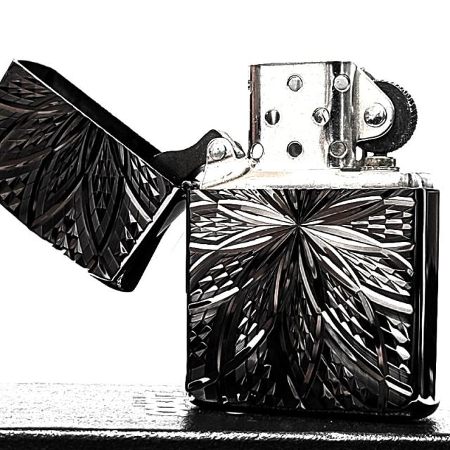 ZIPPO アーマー ジッポ ライター ブラックニッケル ダイヤカット彫刻 ダイヤモンドフラワー 両面加工 黒 重厚 深彫り かっこいい おしゃれ_3