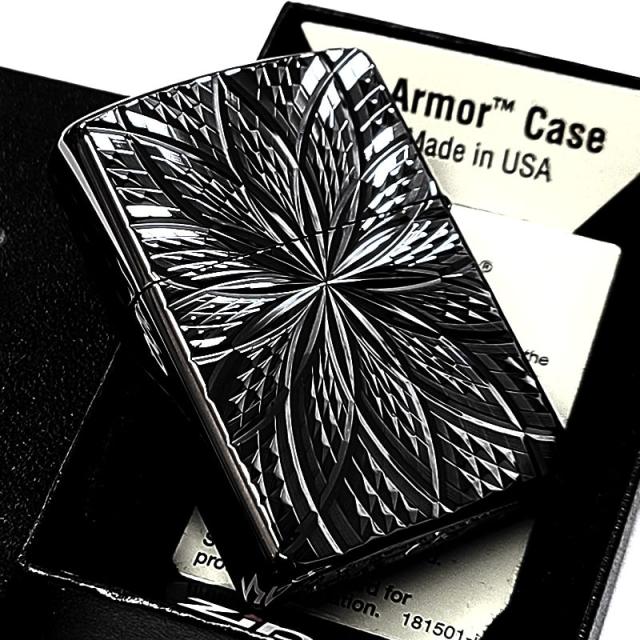 ZIPPO アーマー ジッポ ライター ブラックニッケル ダイヤカット彫刻 ダイヤモンドフラワー 両面加工 黒 重厚 深彫り かっこいい おしゃれ_4