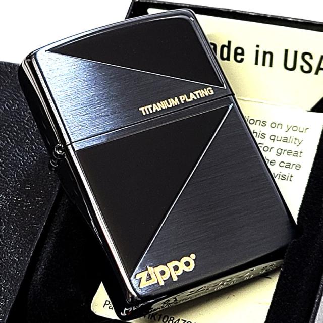 ZIPPO ライター ガンメタ＆ブラック かっこいい ジッポ ロゴ チタン加工 黒 おしゃれ 彫刻 金差し シンプル メンズ ギフト プレゼント
