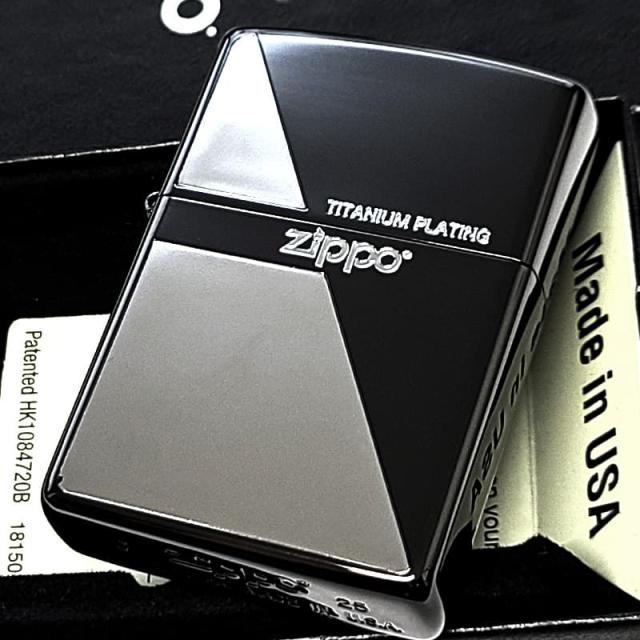 ZIPPO ブラックチタン&amp;ニッケル ジッポ ライター エッチング彫刻 ロゴ 銀差し ブラックチタンコーティング ギフト 黒 銀 おしゃれ メンズ かっこいい プレゼント