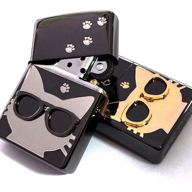 ZIPPO ペア ライター セット サングラスキャット 可愛い ネコ かわいい 猫 ジッポ 足跡 ブラック ゴールド シルバー メタル貼り エッチング彫刻 レディース メンズ ギフト プレゼント_4