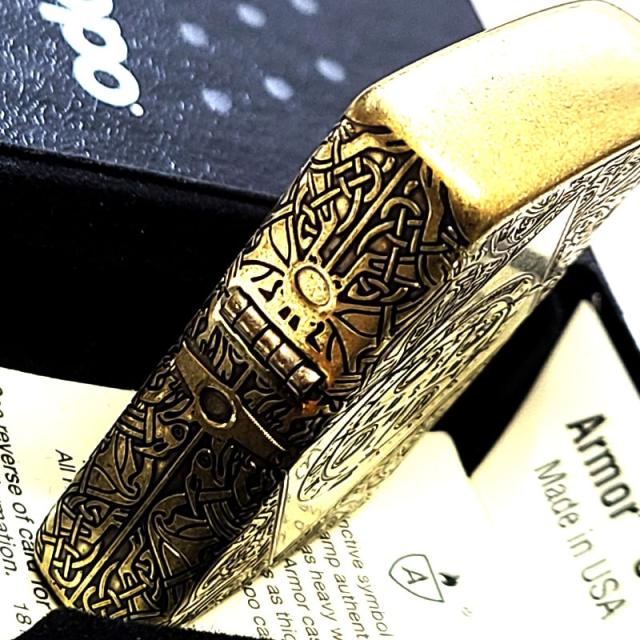 ZIPPO アーマー 十字架 ベネディクトクロス ジッポ ライターかっこいい アンティーク ブラス燻しバレル 4面加工 重厚 ゴールド エッチング彫刻_4
