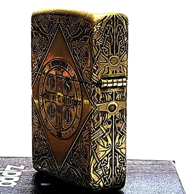 ZIPPO アーマー 十字架 ベネディクトクロス ジッポ ライターかっこいい アンティーク ブラス燻しバレル 4面加工 重厚 ゴールド エッチング彫刻_6