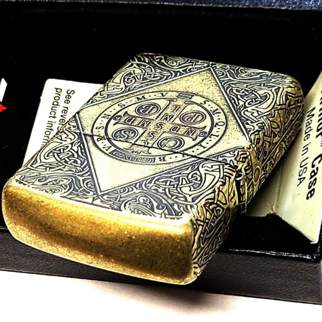 ZIPPO アーマー 十字架 ベネディクトクロス ジッポ ライターかっこいい アンティーク ブラス燻しバレル 4面加工 重厚 ゴールド エッチング彫刻_7