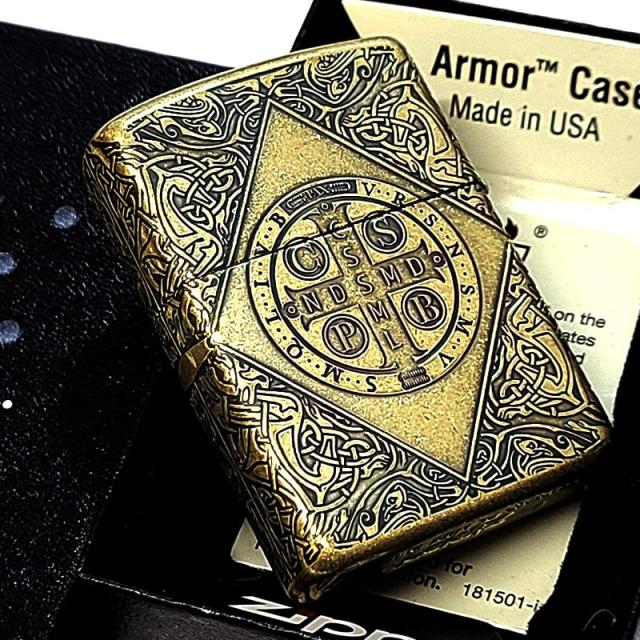 ZIPPO アーマー 十字架 ベネディクトクロス ジッポ ライターかっこいい アンティーク ブラス燻しバレル 4面加工 重厚 ゴールド エッチング彫刻_8