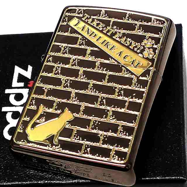 ZIPPO ライター 猫 ブロックキャット ジッポ ねこ ブラウン＆ゴールド 