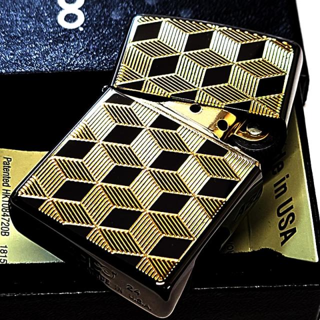 ZIPPO ライター かっこいい ジッポ おしゃれ キューブ 金タンク ゴールド 両面加工 ブラックニッケル 彫刻 金 メンズ ギフト プレゼント
