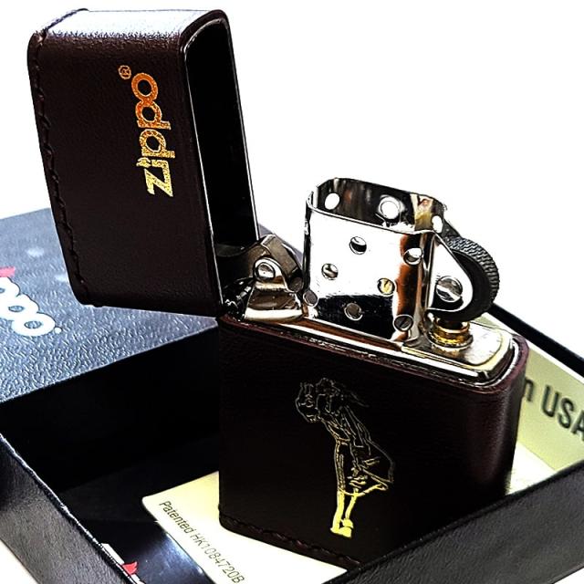 ZIPPO ライター 本革巻き ウィンディ ジッポ ダークブラウン おしゃれ レトロ 茶 WINDY 金箔押し かわいい アメリカン レディース メンズ プレゼント ギフト_2