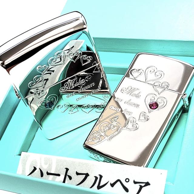 ZIPPO ライター ペア セット ハートフル ジッポ スリム ラインストーン 可愛い シルバー 鏡面仕上げ おしゃれ 記念日 お揃い 女性_1