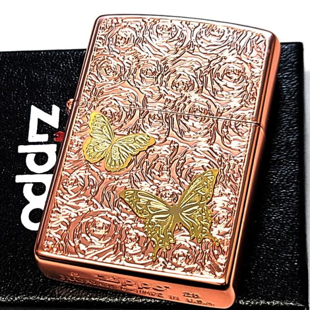 ZIPPO ライター かわいい ジッポ 蝶と薔薇 ピンクゴールド 彫刻 おしゃれ バタフライ マット加工 レディース メンズ 女性 プレゼント ギフト