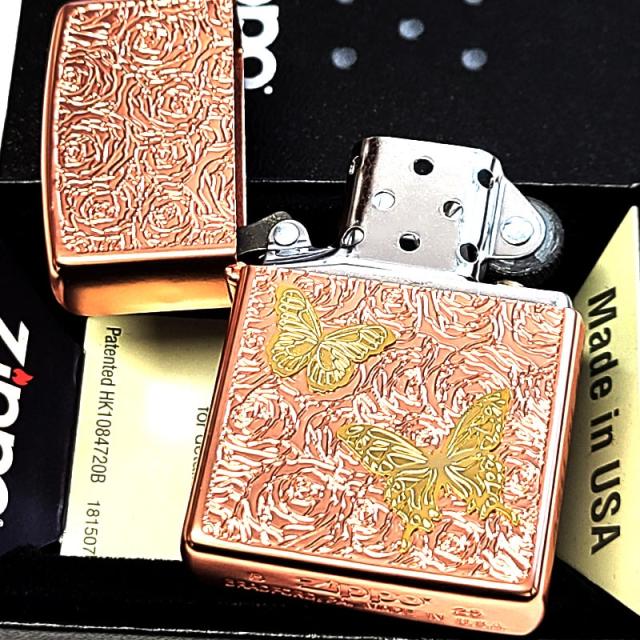 ZIPPO ライター かわいい ジッポ 蝶と薔薇 ピンクゴールド 彫刻 おしゃれ バタフライ マット加工 レディース メンズ 女性 プレゼント ギフト_2