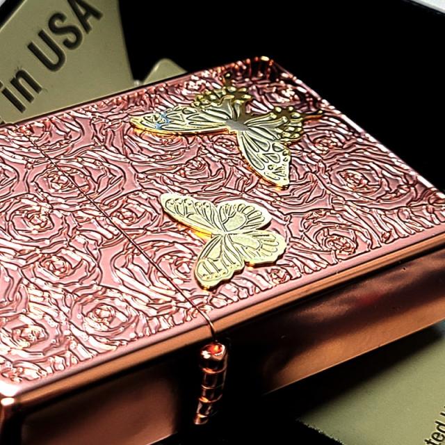 ZIPPO ライター かわいい ジッポ 蝶と薔薇 ピンクゴールド 彫刻 おしゃれ バタフライ マット加工 レディース メンズ 女性 プレゼント ギフト_4
