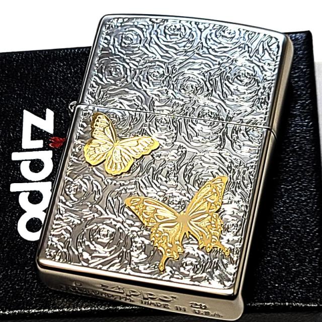ZIPPO ライター 蝶と薔薇 ジッポ 可愛い ホワイトニッケル おしゃれ 彫刻 マット加工 シルバー レディース バタフライ メンズ プレゼント ギフト