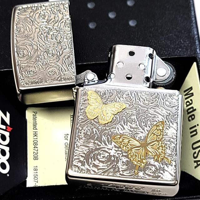 ZIPPO ライター 蝶と薔薇 ジッポ 可愛い ホワイトニッケル おしゃれ 彫刻 マット加工 シルバー レディース バタフライ メンズ プレゼント ギフト_2