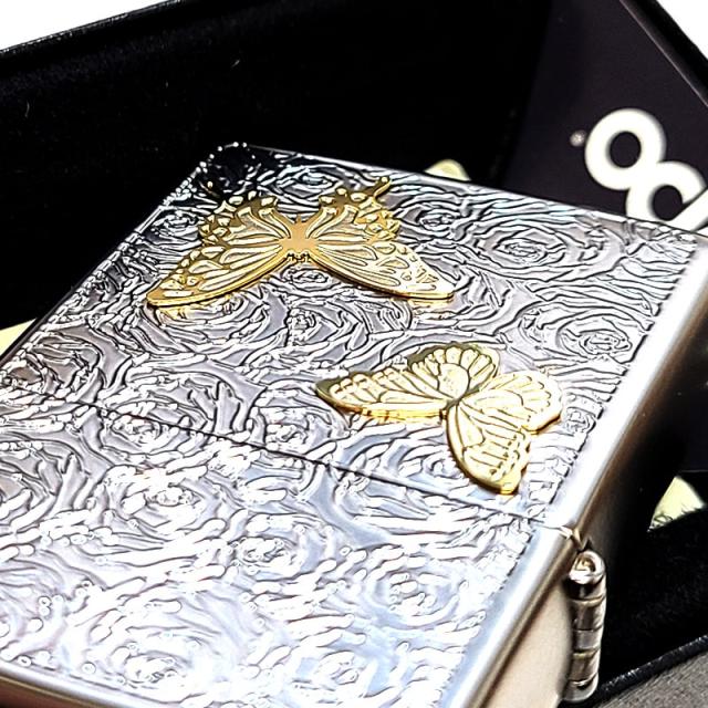 ZIPPO ライター 蝶と薔薇 ジッポ 可愛い ホワイトニッケル おしゃれ 彫刻 マット加工 シルバー レディース バタフライ メンズ プレゼント ギフト_4
