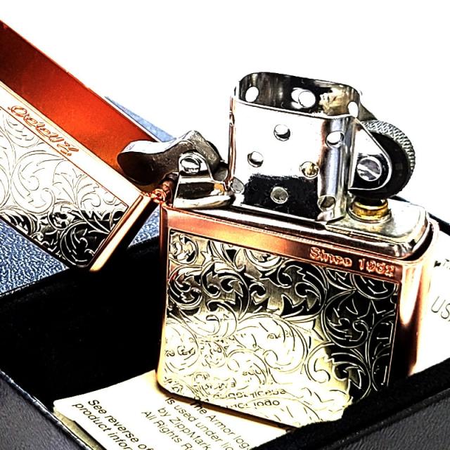 ZIPPO ライター アーマー 唐草＆ストライプ マットピンク＆シルバー お洒落 アラベスク 両面柄違い加工 マット加工 かっこいい ジッポー 綺麗 メンズ レディース ギフト プレゼント_3