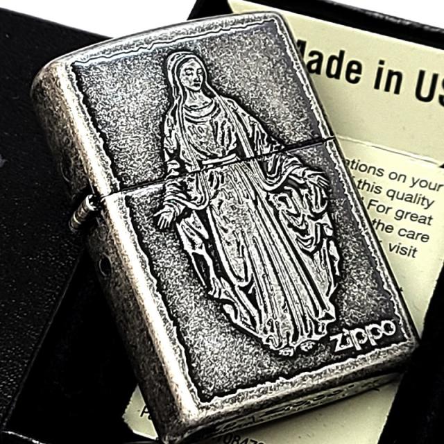 ZIPPO ライター マリア ジッポ アンティーク シルバー 彫刻 銀燻し バレル仕上げ Maria 古美加工 お守り かっこいい 聖母マリア様 おしゃれ 渋い メンズ レディース ギフト プレゼント