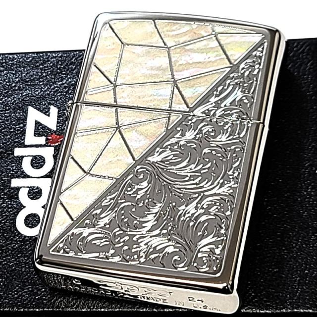 ZIPPO ライター トライアングル アラベスク ホワイトシェル模様 ジッポ 鏡面仕上げ 彫刻 シルバー かっこいい おしゃれ メンズ_1