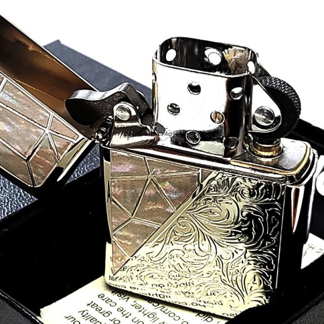 ZIPPO ライター トライアングル アラベスク ホワイトシェル模様 ジッポ 鏡面仕上げ 彫刻 シルバー かっこいい おしゃれ メンズ_2