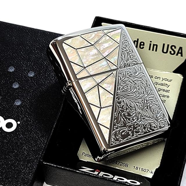 ZIPPO ライター トライアングル アラベスク ホワイトシェル模様 ジッポ 鏡面仕上げ 彫刻 シルバー かっこいい おしゃれ メンズ_4