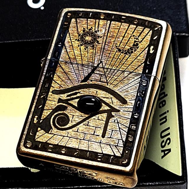 ZIPPO エジプト神話 ホルス アンティーク ブラス ジッポ ライター 両面加工 ユーズド加工 天然石 オニキス 象形文字 かっこいい 渋い 彫刻 ビンテージ