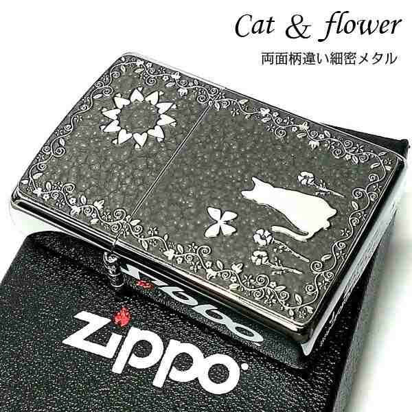 zippo☆両面加工☆キャット＆フラワーガーデン☆ブルー☆ジッポ ライター