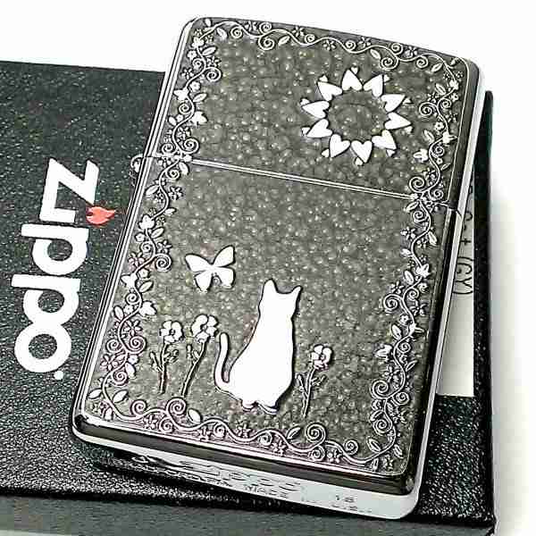 Zippo ライター かわいい キャット フラワー グレー ジッポ 猫