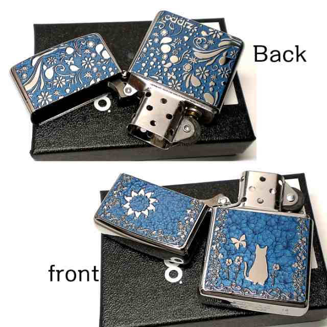 ZIPPO 猫 ライター かわいい キャット＆フラワー ブルー ジッポ レディース 両面柄違い加工 ねこ柄 花柄 細密メタル ネコ おしゃれ ギフ