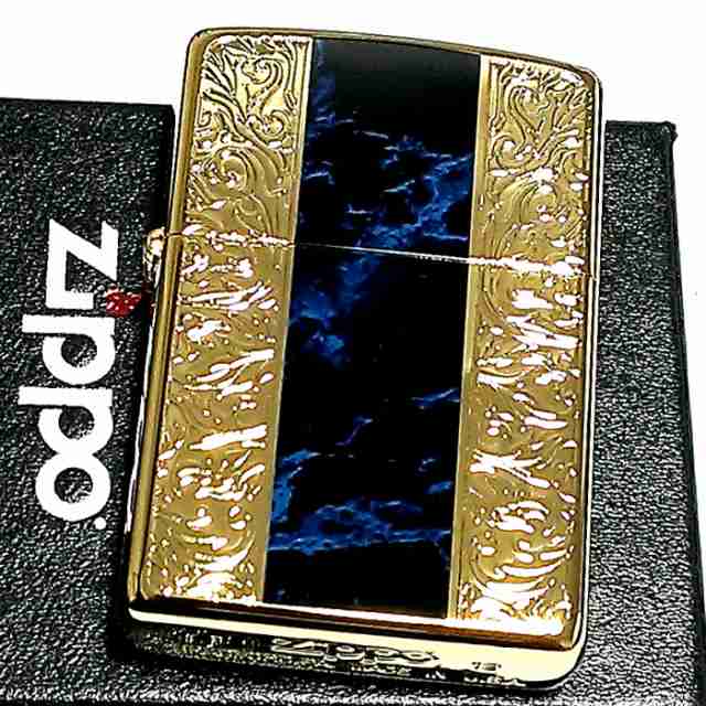 ZIPPO ライター アラベスク＆黒大理石 ブルー/ブラック ジッポ ゴールド 両面加工 彫刻 金タンク Arabesque Marble かっこいい