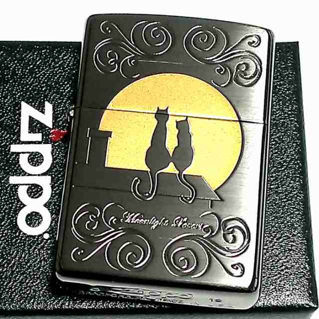 ZIPPO 猫 ライター ジッポ ネコ キャット ムーン 可愛い 満月 ブラックニッケルサテン ムーンライトラヴァーズ ねこ メンズ レディース