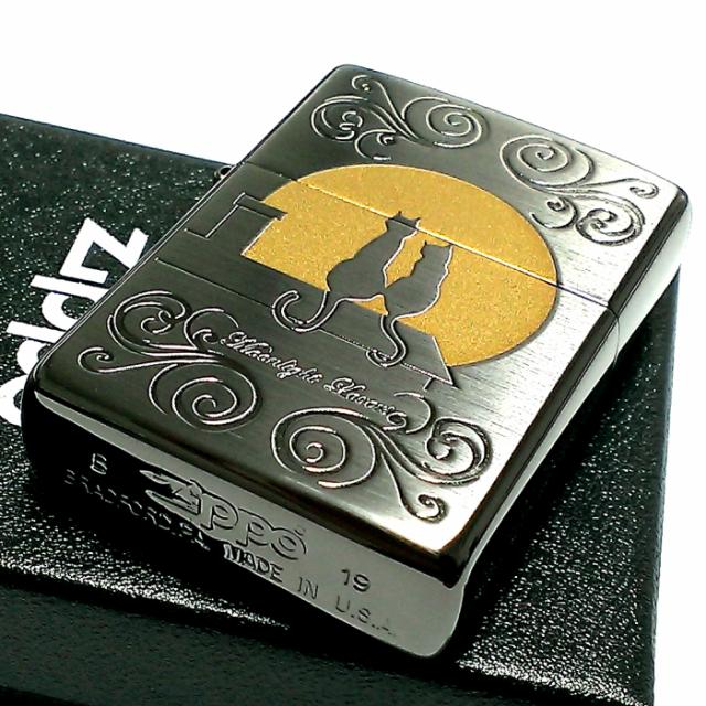 ZIPPO ムーンライトラヴァーズ (D) ブラックサテン 「キャット」