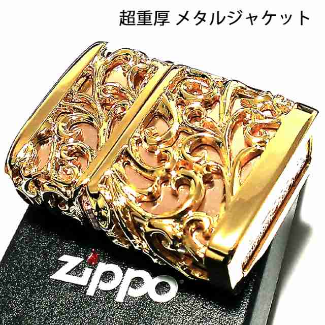 ZIPPO ライター 超重厚 メタルジャケット ゴールド 豪華 ジッポ 彫刻デザイン デビル 4面加工 金 メンズ ゴールドポリッシュ アクセサリ