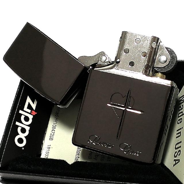 ZIPPO ジッポ クロス ハート ラバーズ 彫刻 ライター ブラックミラー 可愛い おしゃれ 黒 レディース メンズ ギフト ペア プレゼント_3