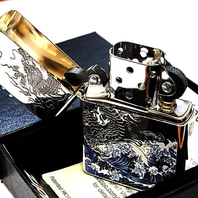 ZIPPO ライター ドラゴン 和柄 波龍 彫刻 銀差し ジッポ シルバー かっこいい 竜 海 おしゃれ 渋い お守り メンズ プレゼント ギフト_2