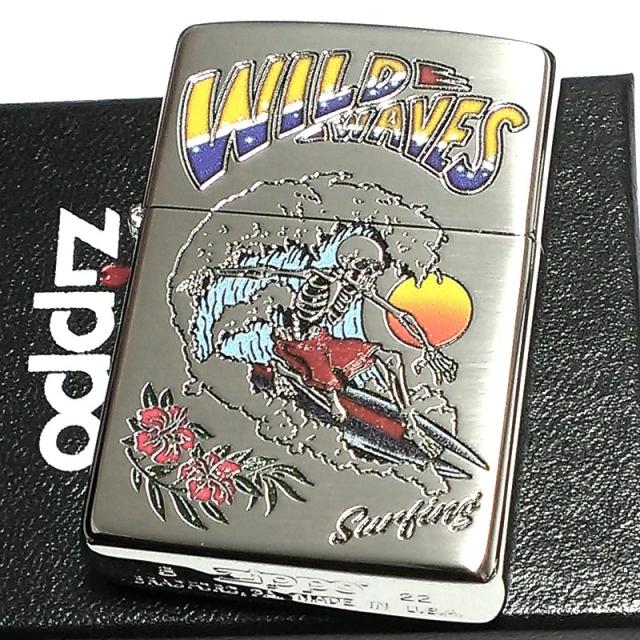 ZIPPO おしゃれ サーフィン スカル ジッポ ライター カラフル ガイコツ 銀 骸骨 かわいい 彫刻 可愛い シルバー メンズ ギフト プレゼント