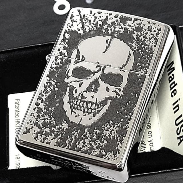 ZIPPO ライター 細密メタル スカル ドクロ ジッポ ロゴ かっこいい グレー シルバー 両面柄違い加工 彫刻 ガイコツ おしゃれ ギフト メンズ