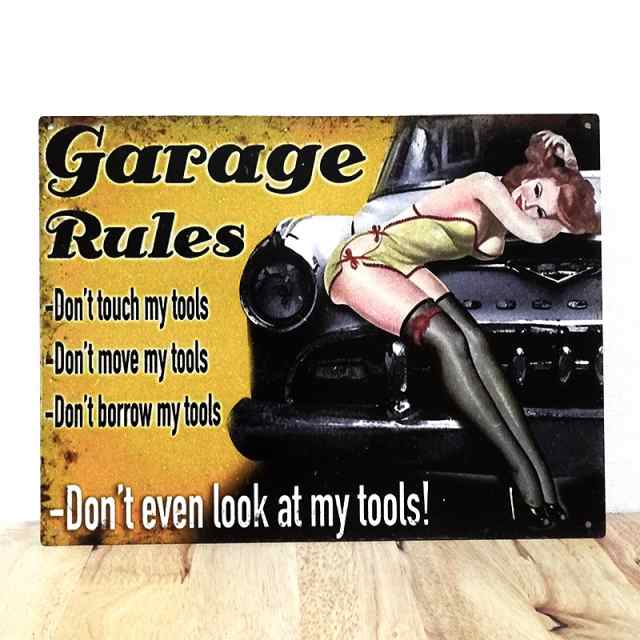 ブリキ看板 セクシー ビンテージ Garage Rules アンティーク ガレージ