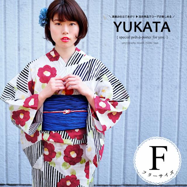 送料無料　夏新作　浴衣　レディース　女性浴衣　単品　浴衣単品　ゆかた　フリー　ストライプ　椿　モノトーン　かわいい　モダン　レトロ　大正の通販は 5,789円
