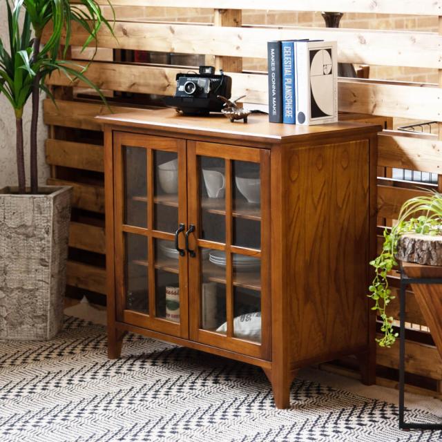 ブラウン木製食器棚 ガラス扉付き キャビネット 片開き ガラス戸