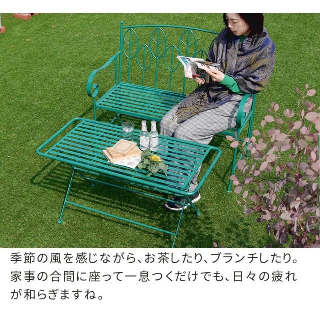 ローテーブル＆ベンチ　２点セット　アイアン製　ローテーブル　２点セット　折り畳み　チェア　ベンチ　北欧風の通販は