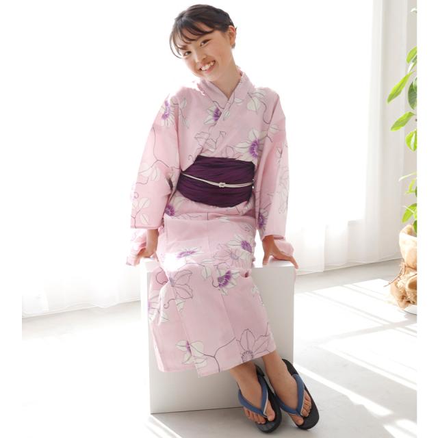 浴衣単品 1セットのみ 綿麻素材 浴衣ジェンヌ ピンク 白 浴衣 単品 レディース 綿麻 綿麻浴衣 菊 ピンク 白 フリーサイズ